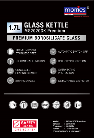 Morries 1.7L Glass Kettle MS 2020GK Premium