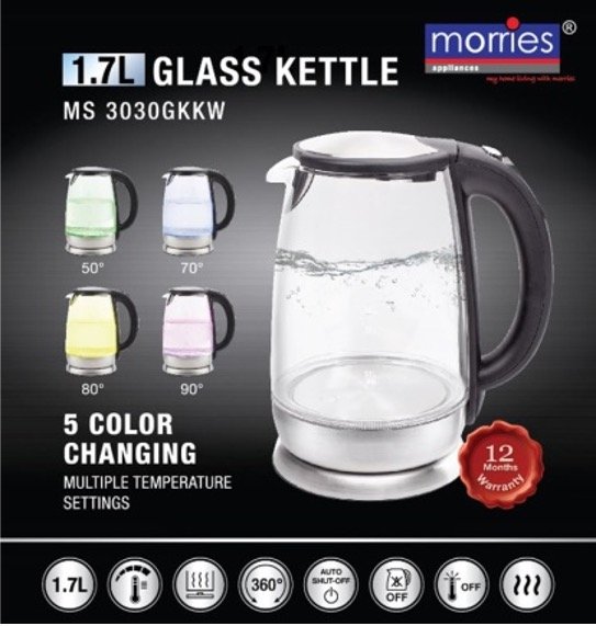 Morries 1.7L Electric Glass Kettle MS3030GKKW